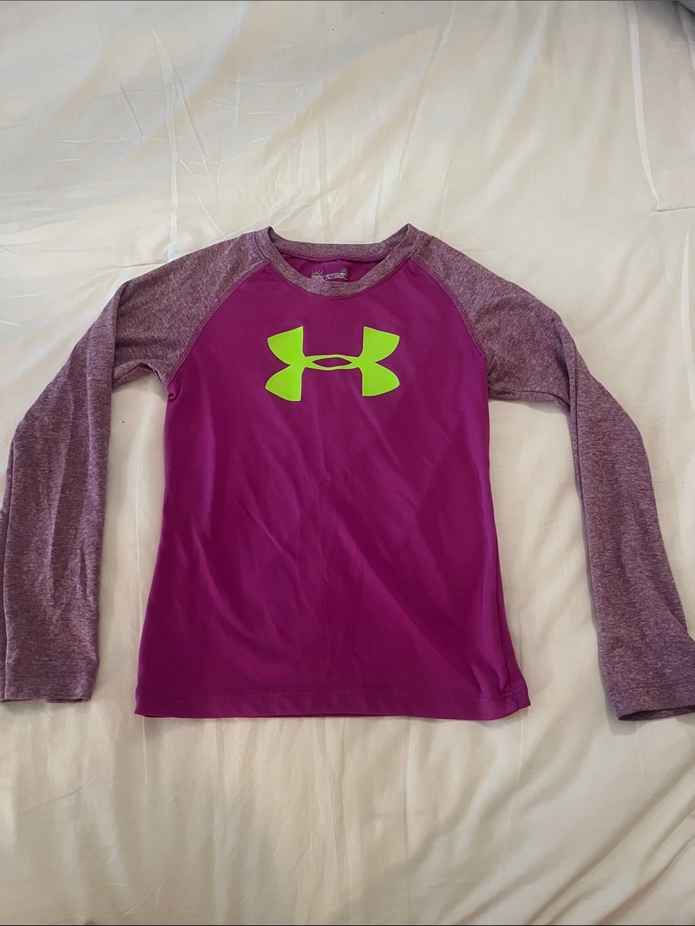 Under Armour Girls' Magenta Long Sleeve Athletic Top with Neon Green Logo- sz 6